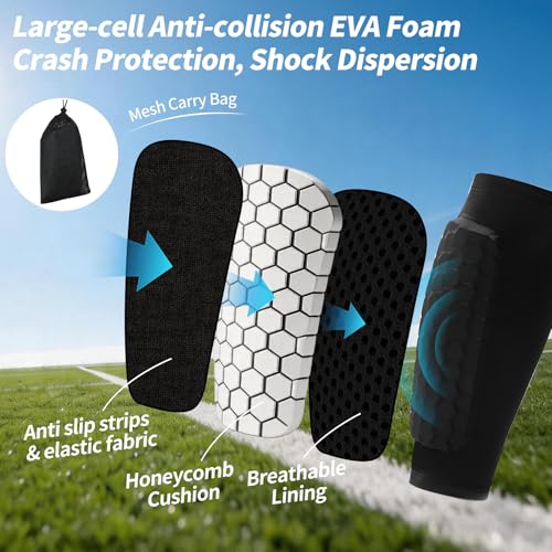Soccer Shin Guards for Youth Adult, Shin Defender Calf Compression Sleeve with Honeycomb Pads, Lightweight Protective Shin Pads for Football, Ski, Basketball, Boxing, Includes Mesh Carry Bag