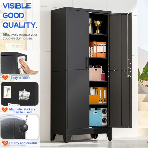 GAIOUS Tall Metal Storage Cabinet with Lock, 2 Doors Freestanding Steel Bookcase with Adjustable Shelves, Heavy Duty Lockable Office Filing Cabinet, Home Garage Utility Pantry Organizer Cabinet, Black - color: Black, size: 13.78''D × 25.98''W × 71''H