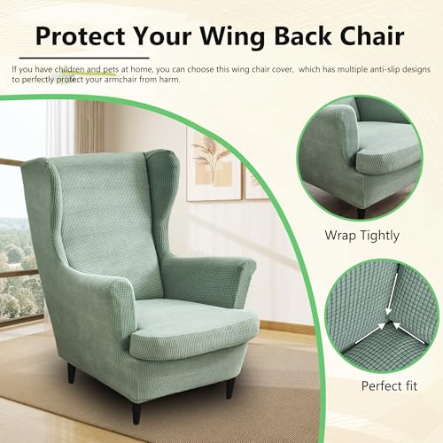 NILUOH Wingback Chair Slipcover 2 Pieces, Stretch Spandex Wingback Chair Covers Washable Slipcover for Wingback Armchairs Non-Slip Furniture Protector with Elastic Bottom for Living Room - color: Army Green