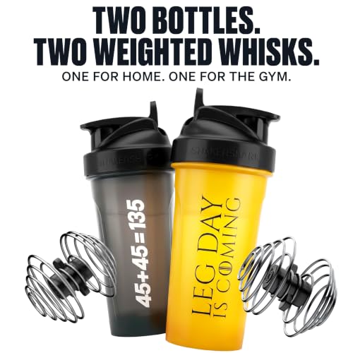 Hydra Cup ShakerShark - 2 Pack 28 oz Protein Shaker Bottles for Protein Mixes with 2 Weighted Wire Whisks, Leak Proof Shaker Cups for Protein Shakes and Pre Workout (Leg Day/45) - color: Leg Day/45+45