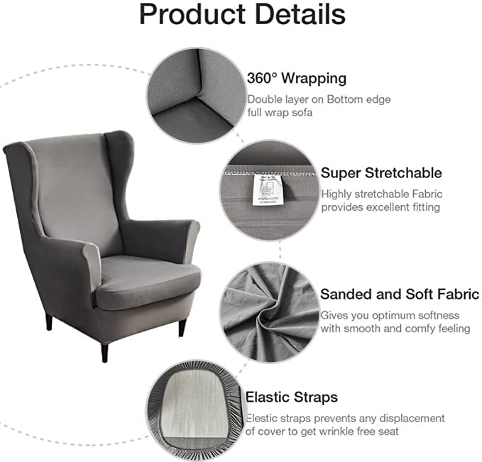NILUOH Wingback Chair Slipcover 2 Pieces, Stretch Spandex Wingback Chair Covers Washable Slipcover for Wingback Armchairs Non-Slip Furniture Protector with Elastic Bottom for Living Room - color: Dark Grey01