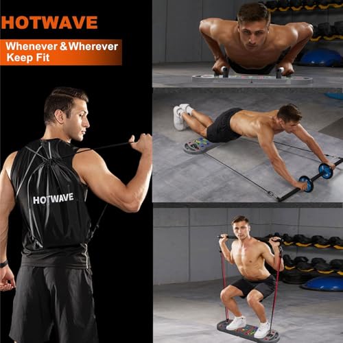 HOTWAVE Portable Exercise Equipment with 16 Gym Accessories,20 in 1 Push Up Board Fitness,Resistance Bands with Ab Roller Wheel,at Home Workout for Men