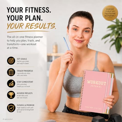Fitness Planner Workout Journal, Undated Gym Workout Log Book 6 x 8.2 Inch, Hardcover with Metal Corners Exercise Notebook for Men Women Weight Loss Body Building Home Gym - color: Pink