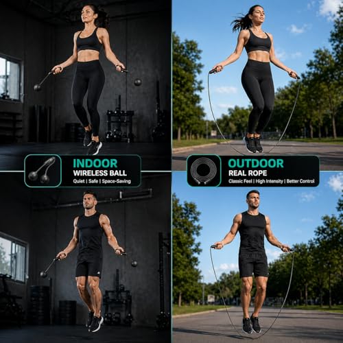 HARCOS Cordless Jump Rope with Counter & LCD Display – 2-in-1 Weighted Ball Skipping Rope & Adjustable Steel Cable – Tangle-Free Speed Jump Rope for Women, Men & Kids – Home Gym Cardio Fitness Equipment - color: Black-Grey