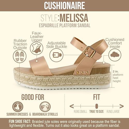 CUSHIONAIRE Melissa Espadrille Platform Sandals For Women with Adjustable Ankle Strap and Memory Foam Insole-Comfortable Womens Sandals for Summer - color: Rose Gold, size: 6