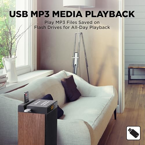 GOgroove Bluetooth Tower Speaker with Subwoofer Built in - Floorstanding Home Speaker with Powerful Bass and Dual Drivers, 120W Peak Power, MP3 3.5mm Aux, USB 2.0 Port Flash Drive, FM Radio (Walnut) - color: Brown