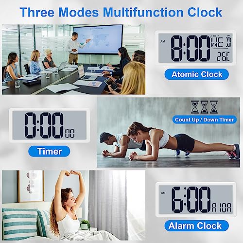 Bluetooth Time Sync Digital Wall Clock Battery Operated with Backlight, Auto DST Large Digital Wall Clock with Day, Date & Temperature, 15'' Large Digital Clock for Home, Bedroom, Office - color: White
