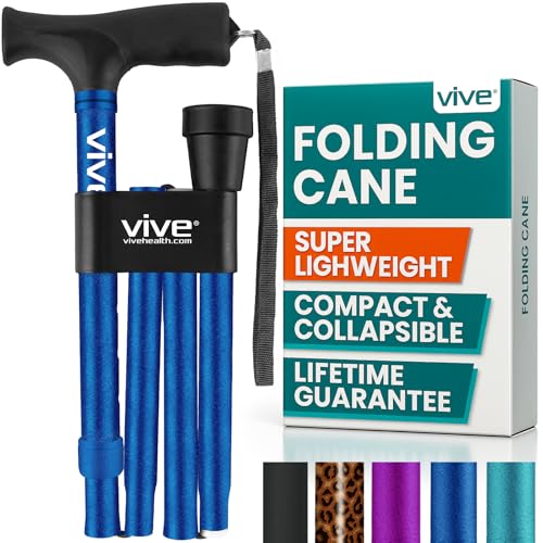 Vive Folding Cane - Foldable Walking Cane for Men, Women - Fold-up, Collapsible, Lightweight, Adjustable, Portable Hand Walking Stick - Balancing Mobility Aid - Sleek, Comfortable - color: Blue