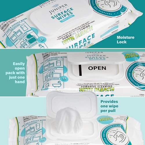 Juniper CLEAN 3 Pack Surface Cleaning Wipes with Bleach, All-Purpose Cleaner for Bathroom, Kitchen, Office, 216 Count Soft Flow, Fresh Scent, Lint Free & Durable - size: 72 Count (Pack of 3)