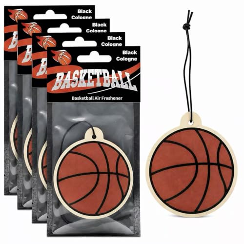 Basketball Car Air Freshener, 4-Pack, Long Lasting Black Cologne Scent, Basketball Gift for Players, Coaches & Fans, Sports- Inspired Hanging Car Accessories, Ideal for Cars, Lockers, Bags and more
