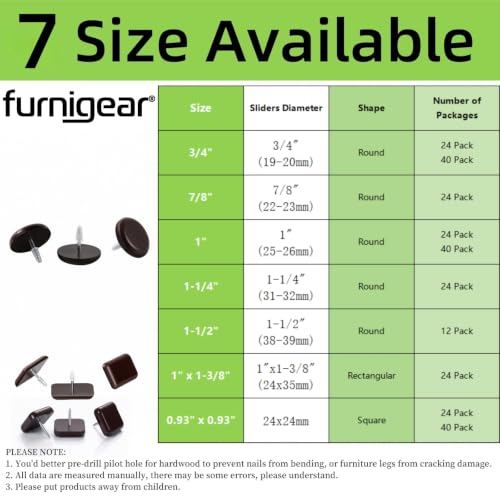 1" Nail on Furniture Sliders (24 Pack) - Furnigear Heavy Duty PTFE (Teflon) Chair Sliders Glides Wooden Furniture Movers Move Your Furniture Easily & Safety - Best Chair Leg Floor Protectors Brown - color: Brown, size: 1"-24 pack