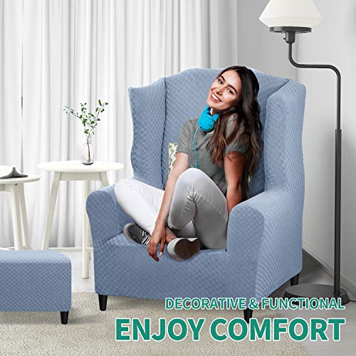 YEMYHOM 1 Piece Stretch Wingback Chair Slipcover Latest Jacquard Design Wing Chair Cover Non Slip Furniture Protector with Foam Rods for Living Room (Wing Chair, Light Blue) - color: Light Blue, size: 1 Pack - Wing Chair