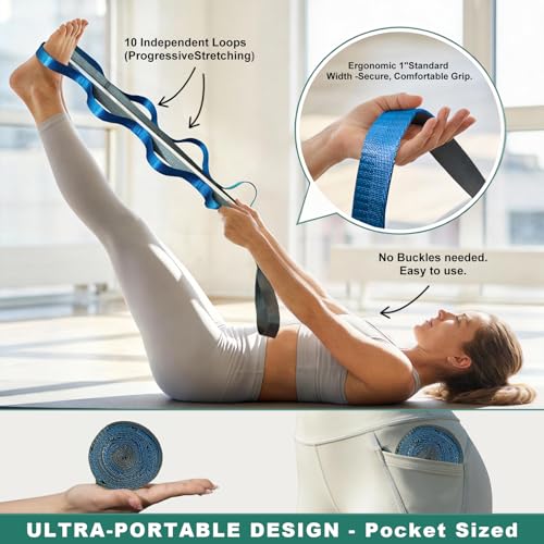 Acozycoo Stretching Strap with Loops,Non-Elastic Yoga Strap for Physical Therapy,Knee Replacement Recovery & Plantar Fasciitis,Leg Stretcher Band for Flexibility & Hamstring Rehab - color: Blue