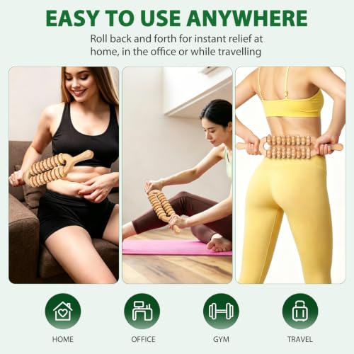 Liitrton Wooden Massage Roller for Legs, Double Row Massage Roller Stick | Smooth Body Roller, Wood Therapy Massage Tools for Trigger Points Relief, Sore Muscle Recovery - color: Double-9‑wheel