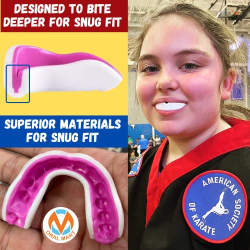 Oral Mart Youth Sports Mouth Guard for Kids (USA Flag, Fangs, 20+ Colors to Choose from) Mouthguard for Football, MMA, Karate, Boxing, Rugby, BJJ, Flag Football – /w Case (Youth, Strapless) - color: Pinky Lady