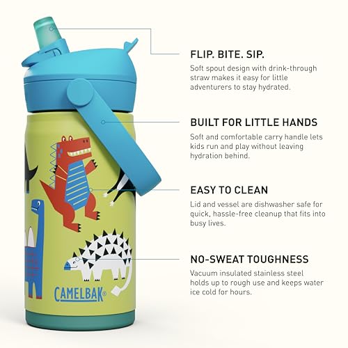 CamelBak Thrive Flip Straw Kids Insulated Stainless Steel Water Bottle with Bite Valve, Spill Resistant Easy Sip Design for School and Play, 12oz, Dino Jam - color: Dino Jam