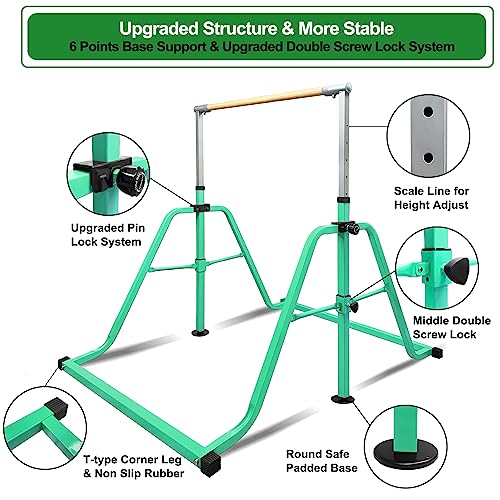 Foldable & Moveable Gymnastics Horizontal Bar with Rings,3’to 5’Adjustable Height Expandable Junior Kip Bar for Home,Indoor Gym Equipment for Kids - style: Green with MAT