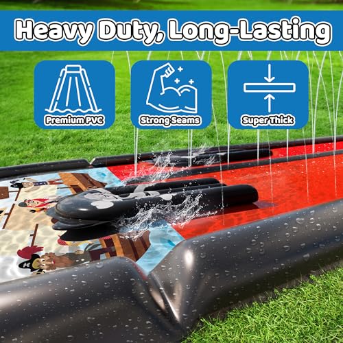 JAMBO Premium 22Ft Water Slide and 2 Bodyboards, Extra Long Heavy Duty Slip Splash and Slide with Inflatable Bumpers, Pirate Splash Mat Water Sprinkler, Outdoor Water Toys, Summer n Toy, Splash Pad - color: 22ft Pirate