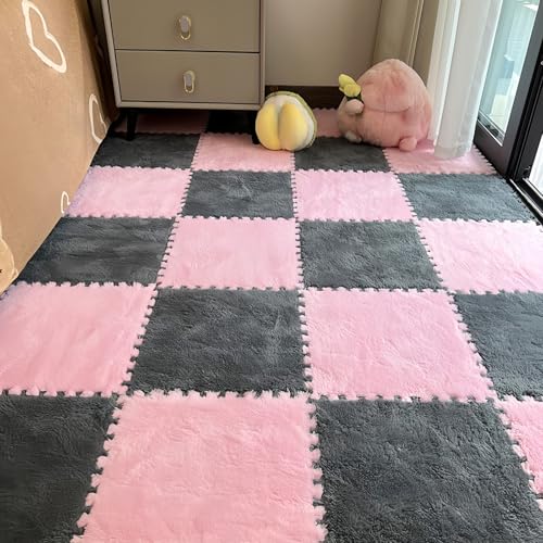12Pcs Plush Foam Floor Mat,Plush Interlocking Carpet Tiles,Anti-Slip Square Puzzle Floor Mat,EVA Foam Area Rugs for Bedroom Playroom (Pink+Grey) - color: Pink+grey
