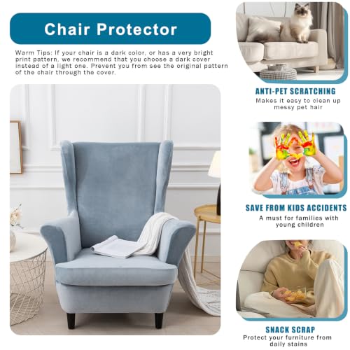 NILUOH Thick Velvet Wingback Chair Slipcovers 2-Piece, Stretch Wing Chair Covers Soft Sofa Slipcover Wing Back Armchair Cover Furniture Protector for Living Room - color: Foggy Blue