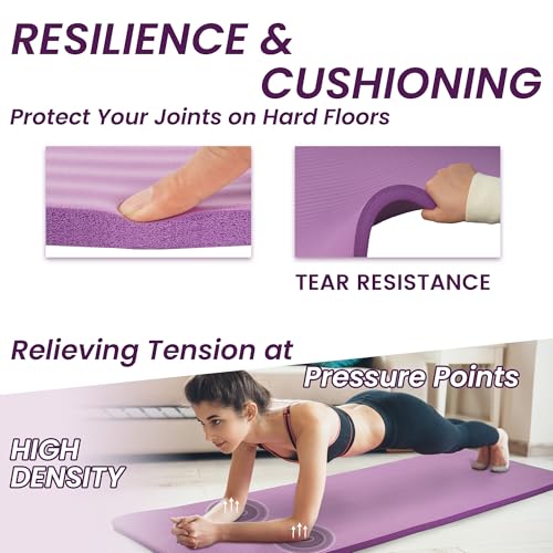 Signature Fitness Extra Thick High-Density Foam Yoga Mat – Multiple Thicknesses (1/2" & 1") / Multiple Colors – Double-Sided Non-Slip Surface – with Carrying Strap for Pilates, Yoga & Home Workouts - color: Taro Purple