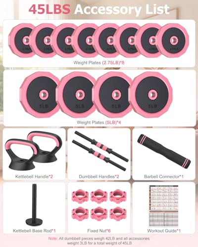 Rendpas 4-in-1 Adjustable Dumbbell Set with Foldable Weight Bench, Convert to Barbell Kettlebell Push-Up Stand, 800LBS Bench 10 Angles Incline Decline Flat, Home Gym Weight Set - color: Pink, size: 45LB Dummbell Set & Adjustable Bench