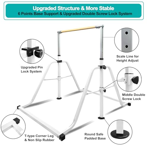 Foldable & Moveable Gymnastics Horizontal Bar with Rings,3’to 5’Adjustable Height Expandable Junior Kip Bar for Home,Indoor Gym Equipment for Kids - style: White with MAT