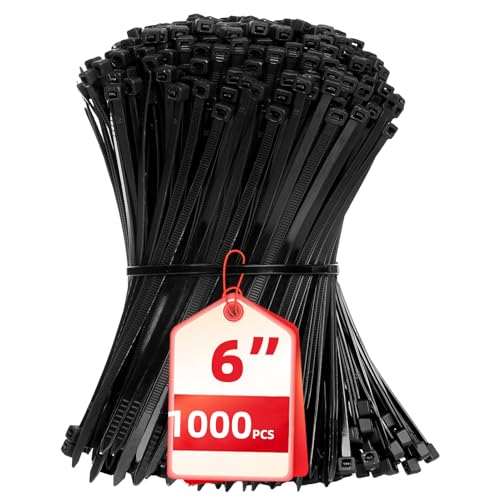 Zip Ties 6 inch, 1000 Pack Black Zip Ties, Self-Locking Nylon Cable Ties with 40 lbs Tensile Strength,Wire Ties for indoor and outdoor use. - color: Black, size: 6"(1000 Pack) 40 Lb