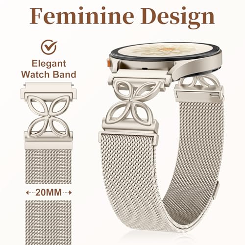 Getino Magnetic Metal Strap Compatible with Galaxy Watch 7 Band, Galaxy Watch 6 Classic Band FE 5 Pro 4 Active 2, 20mm Milanese Floral Dressy Wristband for Samsung Watch Bands Women 40mm 44mm 45mm - color: Strarlight