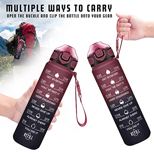 Enerbone 32 oz Drinking Water Bottle with Times to Drink and Straw, Motivational with Carrying Strap, Leakproof BPA & Toxic Free, Ensure You Drink Enough Water for Fitness Gym Outdoor - color: Red Blue