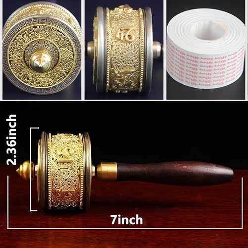 Copper Hand Held Prayer Wheel with Tibetan Buddhist Six-Character Truth Premium Buddha Scriptures, Wooden Handle Prayer Wheel for Praying, blessing, Meditation, Healing, Relaxing, Yoga