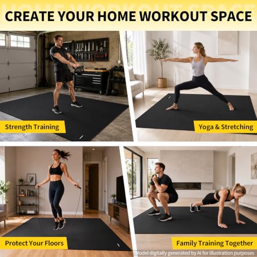 CAMBIVO Large Exercise Mat for Home Workout, 8'x6'/7'x5'/6'x4' (7 mm) Extra Thick Exercise Mat for Home Gym, Shoe-Friendly, Non-Slip Gym Mat for Jump Rope, Weights, Cardio, Fitness - color: 8'*6' Black