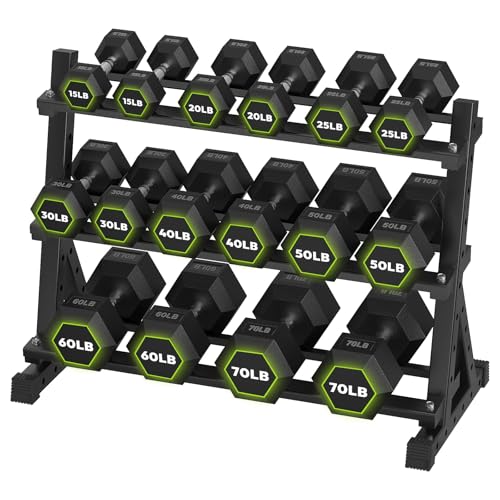 HANDBODE Rubber Coated Hex Dumbbell Set with Rack, 300-840 lb | Fixed Weights Sets with Heavy Duty Storage Stand, Multiple Weight Options Home Gym Equipment for Strength Training - style: 620 lb Set (15-70 lb) with Rack