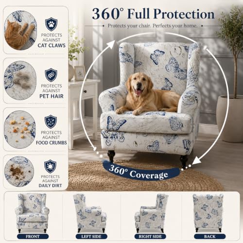 NILUOH Wingback Chair Slipcover 2 Pieces, Stretch Spandex Wingback Chair Covers Washable Slipcover for Wingback Armchairs Non-Slip Furniture Protector with Elastic Bottom for Living Room - color: 16