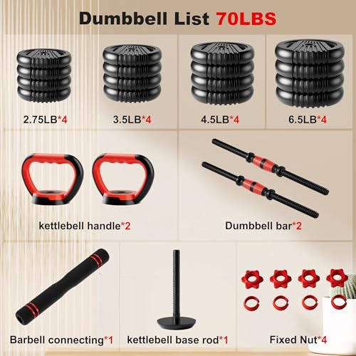 Adjustable Dumbbell Set, 10/20/30/45/70/90lbs Free Weights Dumbbells Set, 5 in1 Dumbbells Set Used as Barbell, Kettlebells, Push up Stand,Weight Plate, Adjustable Weight Set for Home Gym - color: 70LBS(35LB PAIR)