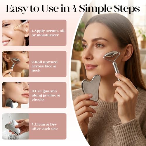 BAIMEI Stainless Steel Gua Sha & Face Roller Set, Facial Massage Tool for Face, Neck and Body, Cooling Metal Skin Care Tools for Depuffing Routine, Self Care Gift for Women - color: Grey