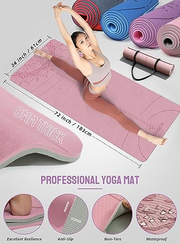 1/3 Yoga Mat Thick, Yoga Set for Beginners Include High Density Mat with Multi-loops Strap, Blocks, Booty Resistance Band Set, Door Anchor, Carring Bag & Strap - color: PINK&GREY
