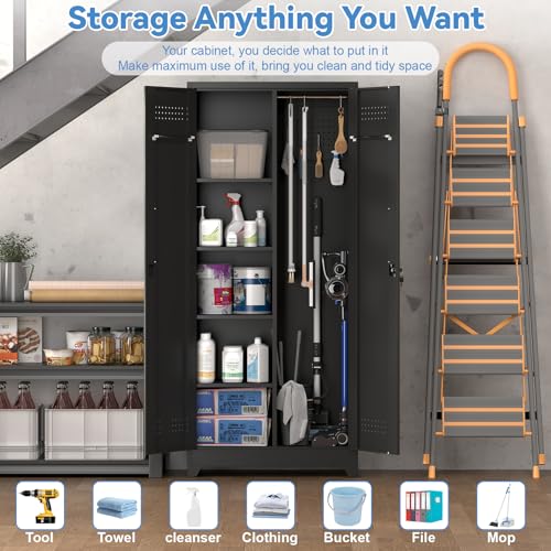 IRONFFICE Metal Utility Closet,Broom Closet Storage Cabinet with Doors and Shelves,Locking Storage Cabinets for Home Office,Gym,Laundry,Black - size: 72"H x 31.5"W x 15.74"D-Black