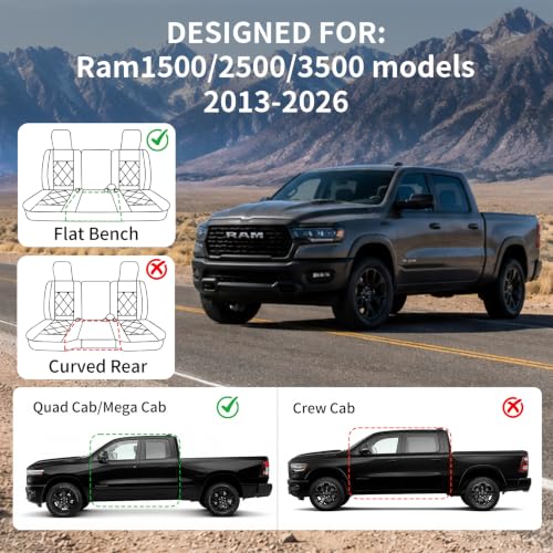 Umbrauto Car Seat Covers for Dodge RAM, Premium Nappa Waterproof Leather Seat Cushion Fits 2009-2026 RAM 1500/2500/3500 Crew Quad Mega Cab with Flat Bench,Full Set, Black - size: Full Set(Concave Front+Flat Rear)