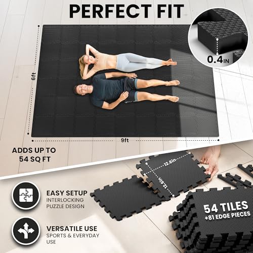 bemaxx Gym Mats Set - 54 pcs EVA Interlocking Foam Floor Tiles (12.6"x12.6"x0.4") 54sqft Protective Gym Flooring Sports Home Workout Exercise Mats Puzzle Garage Fitness Play-Room Pool Treadmill Bike - color: Anthracite, size: 54 Tiles | 54 sq ft