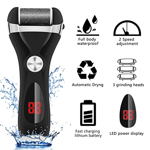 Electric Foot Callus Remover Kit, Elmchee Rechargeable Pedicure Tools Foot Care Feet File with 3 Roller Heads,2 Speed,Battery Display for Remove Cracked Heels Calluses and Dead Skin(Black) - style: Black