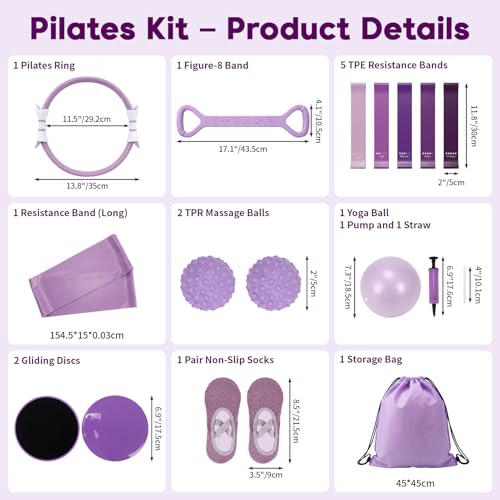 Hoikwo Purple TPE Pilates Kit for Home Workout, Complete Set with Pilates Ring, Resistance Bands, Yoga Ball, TPE Bands, TPR Massage Ball, Sliders, Along with an 8-Shape Band and Non-Slip Socks