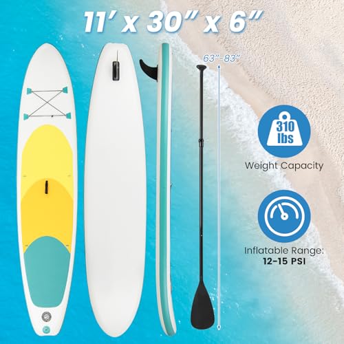 KOTEK 10FT/11FT Inflatable Paddle Board, SUP Paddleboard with Hand Pump, Safety Leash, Repair Kit, Carry Bag, Non-Slip EVA Deck, Stand Up Paddle Board for Youth & Adults - size: 11 FT, style: Multi Yellow Green