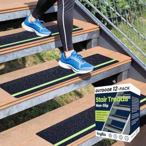 12-Pack 6”x30” Anti Slip Tape with Glow in the Dark Stripe, Pre-Cut Stair Treads Non Slip Traction Tape for Outdoor/Indoor, Waterproof Non Skid Tape for Stair Step, Easy to Install - color: Black/Green, size: 6" x 30"