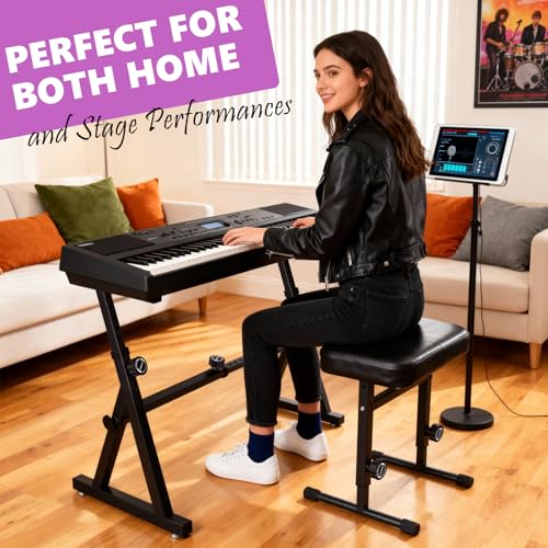 Digital Piano Keyboard Stand and Bench Set - Heavy Duty Adjustable Portable Music Stand and Bench Seat for 54-88 Key Electric Pianos
