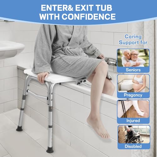 TABEKE Tub Transfer Bench for Bathtub, Tool Free Assembly Shower Chair with Backrest & Armrest, Height Adjustable Shower Bench, Shower Seat for Elderly and Disabled