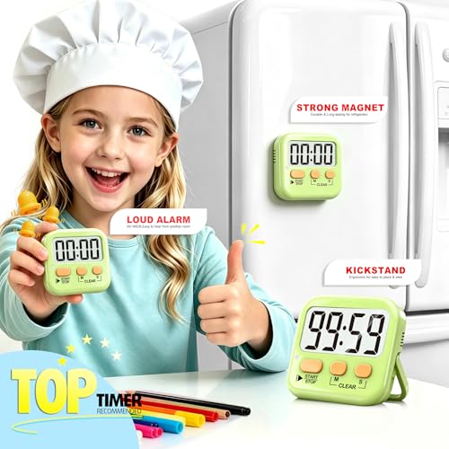 Antonki 2 Pack Digital Timer for Kids, Magnetic Countdown Kitchen Timers for Cooking, Egg, Classroom, Teacher, Exercise, Study, Oven - Battery Included - color: Light Green