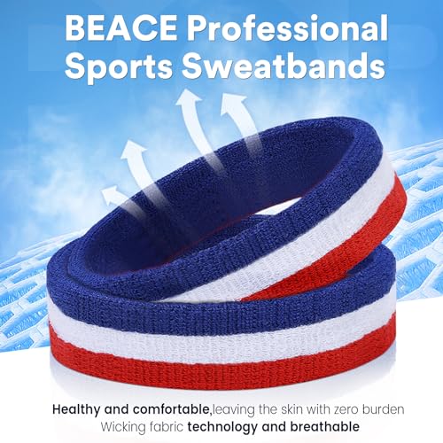 BEACE Sweatbands Sports Headband for Men & Women - Moisture Wicking Athletic Cotton Terry Cloth Sweatband for Tennis, Basketball, Running, Gym, Working Out - color: Red White Blue