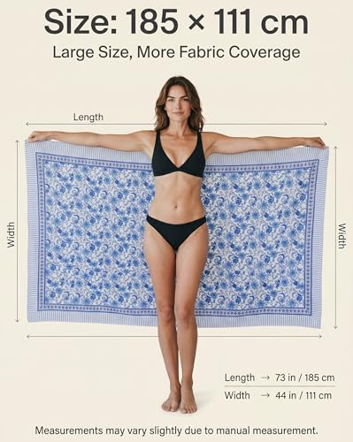 Beach Cover Ups for Women, Cotton Sarong Wrap Pareo | 100% Cotton Sarong Wraps For Women, 73 x 44 In. Pareo Beach Wrap, Bikini Cover Up, Bathing Suit Cover Up, Resort Wear - color: Blue Leaf