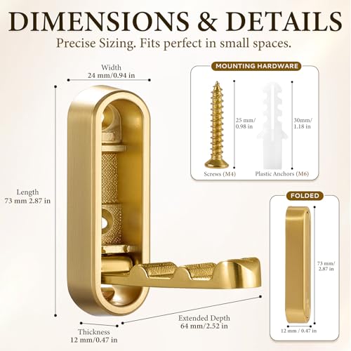 Folding Wall Hooks Gold, 2 Pack Heavy Duty Zinc Alloy Folding Coat Hooks, Foldable Wall Hook for Hanging Clothes, Bags, Hats, Towels, Keys (Gold, 2 Pack) - color: Gold, size: 2 Pack